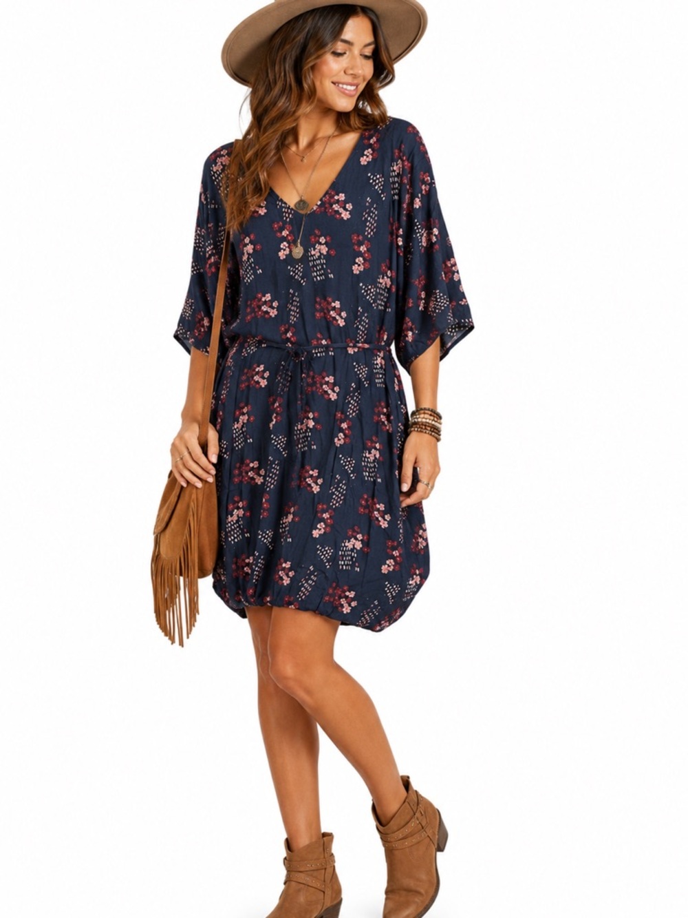 Soyaconcept Floral V Neck Dress Navy XL Kimono Sleeve Tie Waist Scandinavian